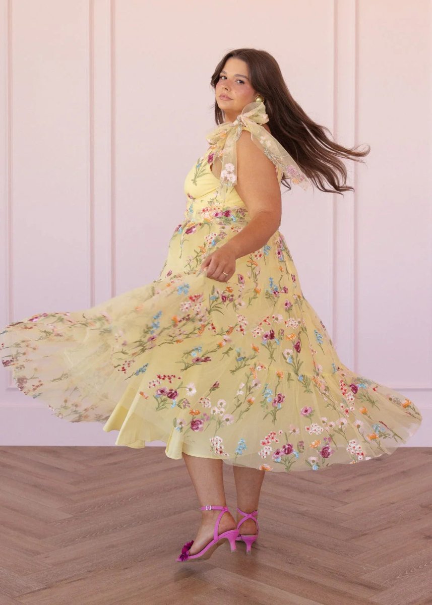 Margaret Floral Embroidered Midi Dress Yellow - MISMIJK23051-W-YLW-XXS