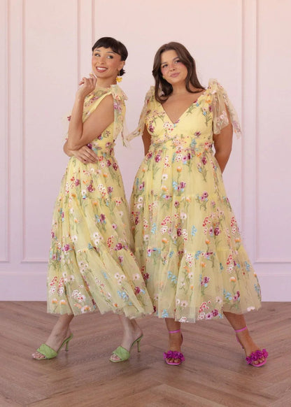 Margaret Floral Embroidered Midi Dress Yellow - MISMIJK23051-W-YLW-XXS