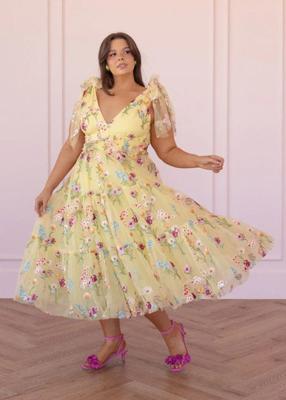 Margaret Floral Embroidered Midi Dress Yellow - MISMIJK23051-W-YLW-XXS