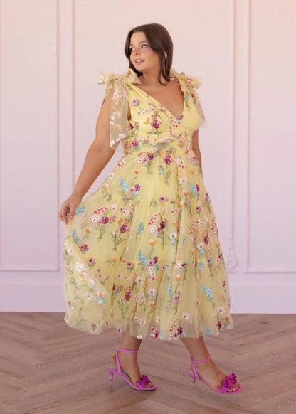 Margaret Floral Embroidered Midi Dress Yellow - MISMIJK23051-W-YLW-XXS