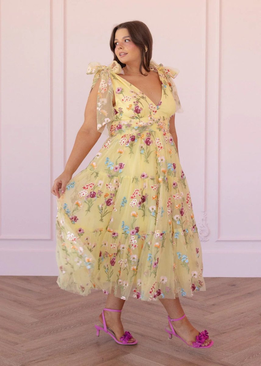 Margaret Floral Embroidered Midi Dress Yellow - MISMIJK23051-W-YLW-XXS