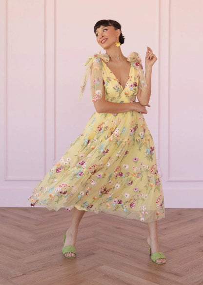 Margaret Floral Embroidered Midi Dress Yellow - MISMIJK23051-W-YLW-XXS