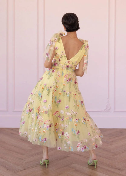 Margaret Floral Embroidered Midi Dress Yellow - MISMIJK23051-W-YLW-XXS