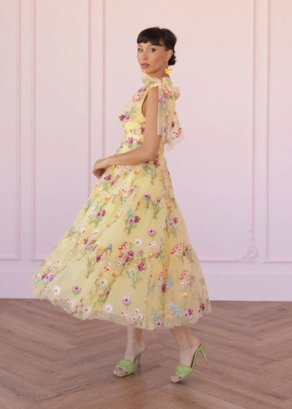 Margaret Floral Embroidered Midi Dress Yellow - MISMIJK23051-W-YLW-XXS