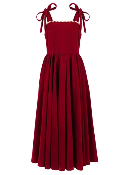 Mary Velvet Holiday Pearl Dress - Red - MISMIJK24123-W-RED-XXS