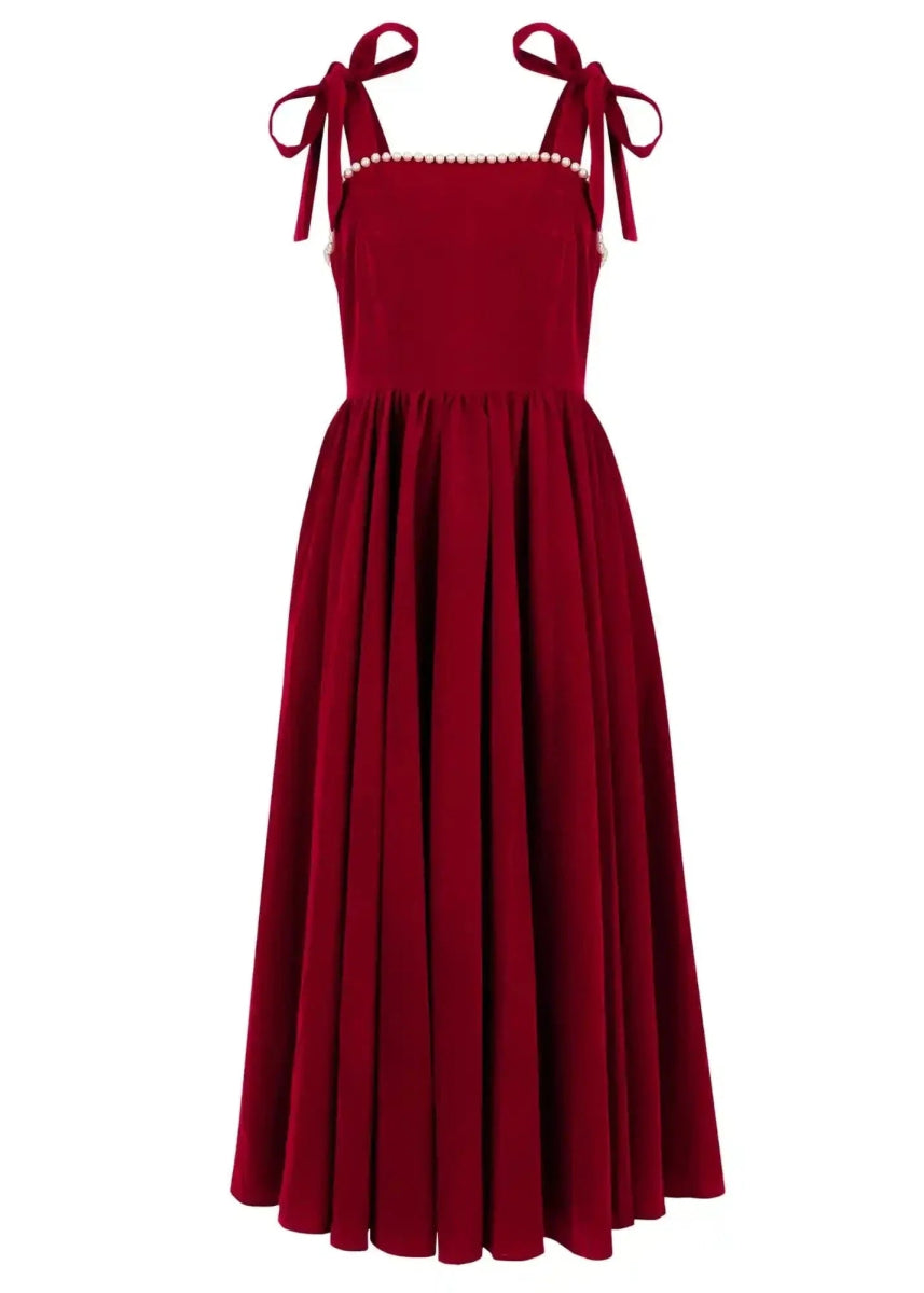Mary Velvet Holiday Pearl Dress - Red - MISMIJK24123-W-RED-XXS
