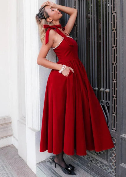 Mary Velvet Holiday Pearl Dress - Red - MISMIJK24123-W-RED-XXS