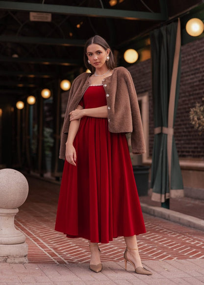 Mary Velvet Holiday Pearl Dress - Red - MISMIJK24123-W-RED-XXS