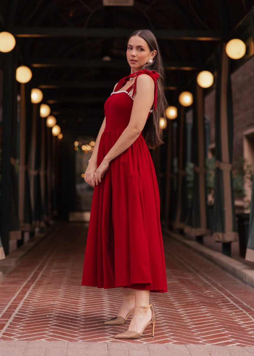 Mary Velvet Holiday Pearl Dress - Red - MISMIJK24123-W-RED-XXS