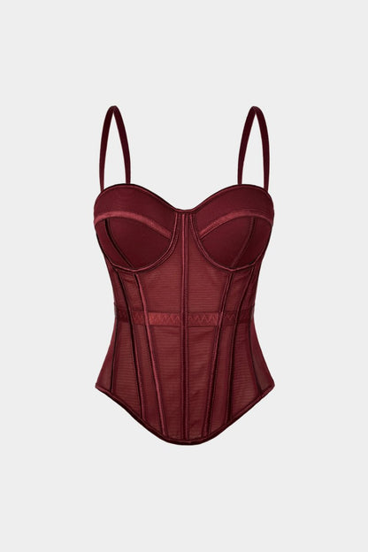 Mesh Bustier Corset Slip Cami Top - MISMIMCWTT2510130393-BURGUNDY-XS