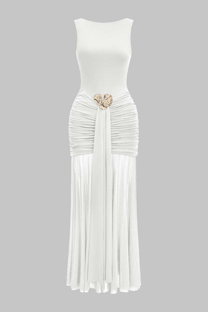 Mesh Metallic Decor Ruched Backless Sleeveless Maxi Dress - MISMIMCWDA2507150163-WHITE-S