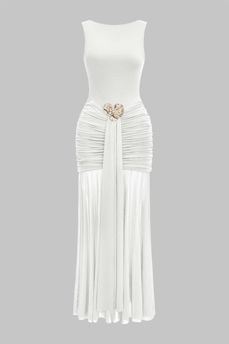 Mesh Metallic Decor Ruched Backless Sleeveless Maxi Dress - MISMIMCWDA2507150163-WHITE-S