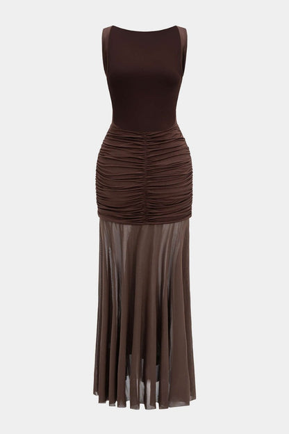 Mesh Metallic Decor Ruched Backless Sleeveless Maxi Dress - MISMIMCWDA2507150163-COFFEE-S