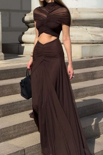 Mesh Ruched Cut Out Short Sleeve Maxi Dress - MISMIMCWDA2509030130-COFFEE-S