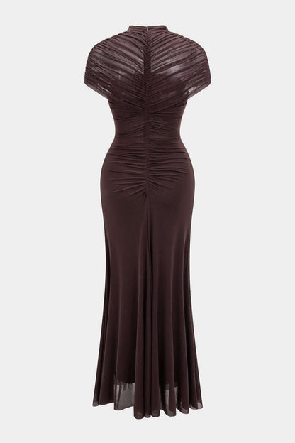 Mesh Ruched Cut Out Short Sleeve Maxi Dress - MISMIMCWDA2509030130-COFFEE-S