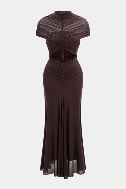 Mesh Ruched Cut Out Short Sleeve Maxi Dress - MISMIMCWDA2509030130-COFFEE-S