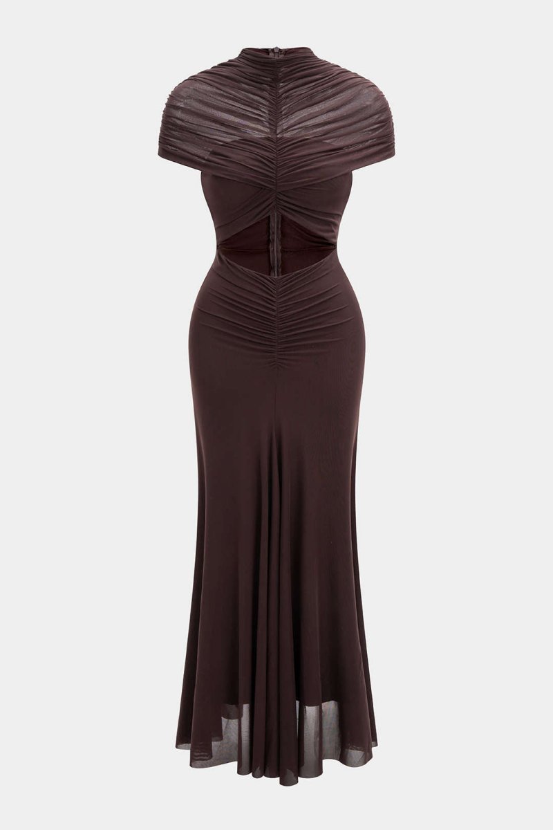 Mesh Ruched Cut Out Short Sleeve Maxi Dress - MISMIMCWDA2509030130-COFFEE-S