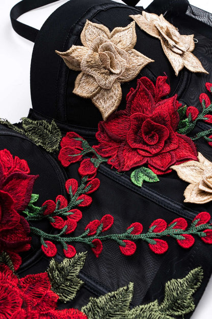 Mesh Sheer Slip Appliques Bustier Cami Top - MISMIMCWTT2501060120-BLACK-XS