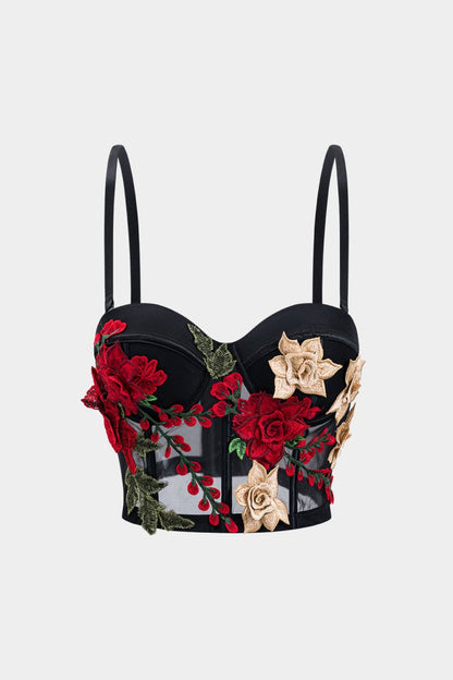 Mesh Sheer Slip Appliques Bustier Cami Top - MISMIMCWTT2501060120-BLACK-XS