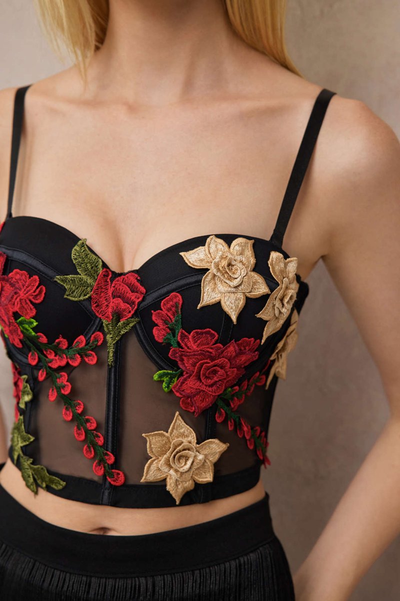 Mesh Sheer Slip Appliques Bustier Cami Top - MISMIMCWTT2501060120-BLACK-XS