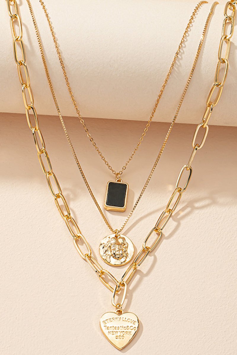 Metal Layered Heart Pendant Necklace - MISMIMCAJN2409270031-GOLD-F