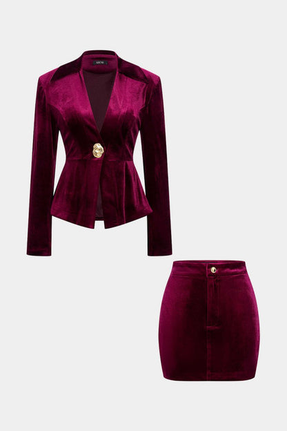 Metallic Button Zipper Shoulder Pads Long - Sleeve Top And Skirt Set - MISMIMCWSB2510130262-BURGUNDY-XS