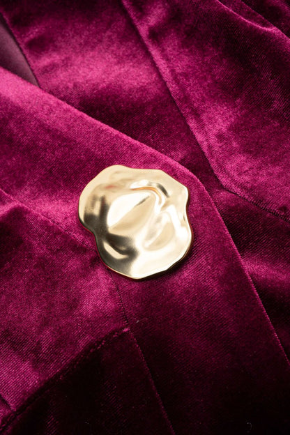 Metallic Button Zipper Shoulder Pads Long - Sleeve Top And Skirt Set - MISMIMCWSB2510130262-BURGUNDY-XS