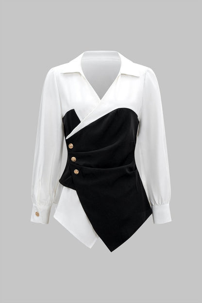 Metallic Decor Contrast Pleated V - Neck Long - Sleeve Shirt - MISMIMCWTE2508190107-Contrast Color-S