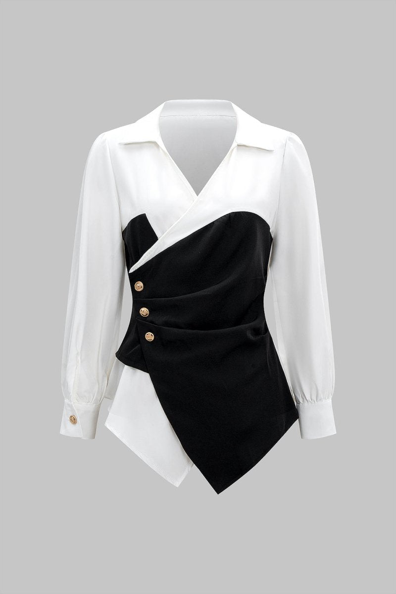 Metallic Decor Contrast Pleated V - Neck Long - Sleeve Shirt - MISMIMCWTE2508190107-Contrast Color-S