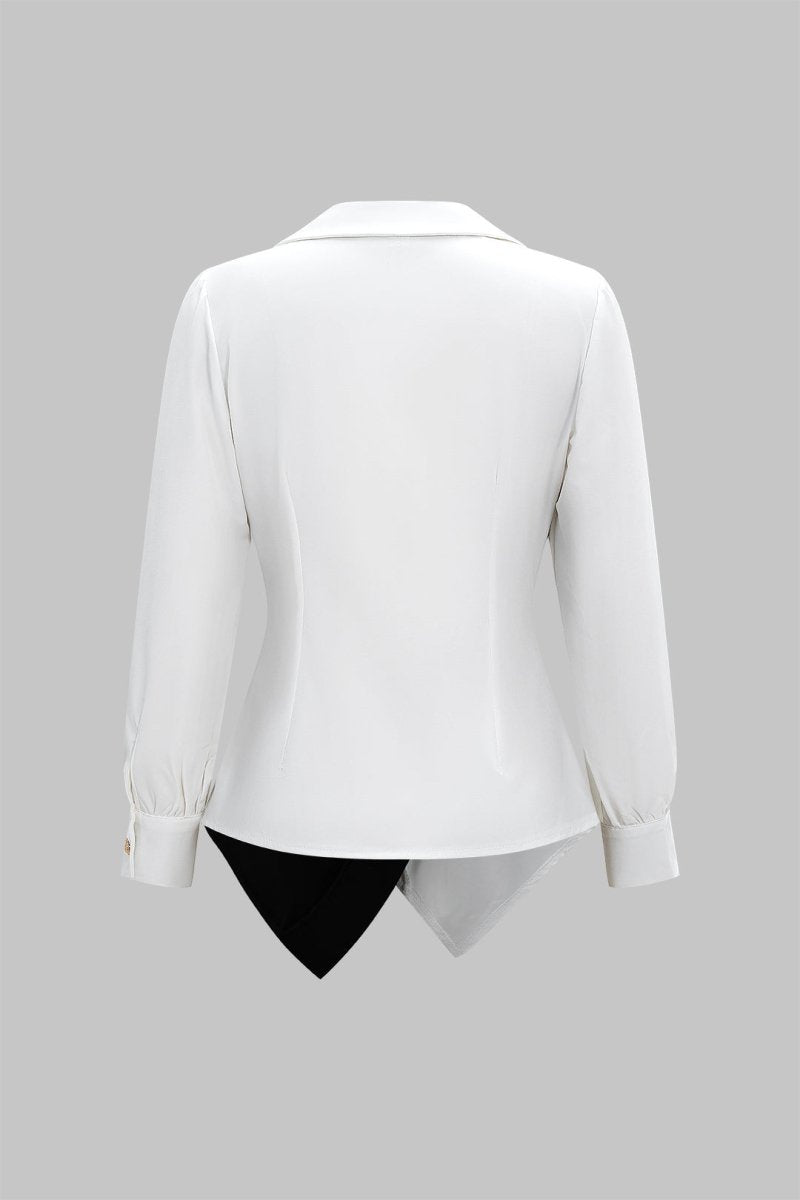 Metallic Decor Contrast Pleated V - Neck Long - Sleeve Shirt - MISMIMCWTE2508190107-Contrast Color-S