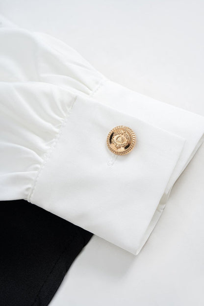 Metallic Decor Contrast Pleated V - Neck Long - Sleeve Shirt - MISMIMCWTE2508190107-Contrast Color-S