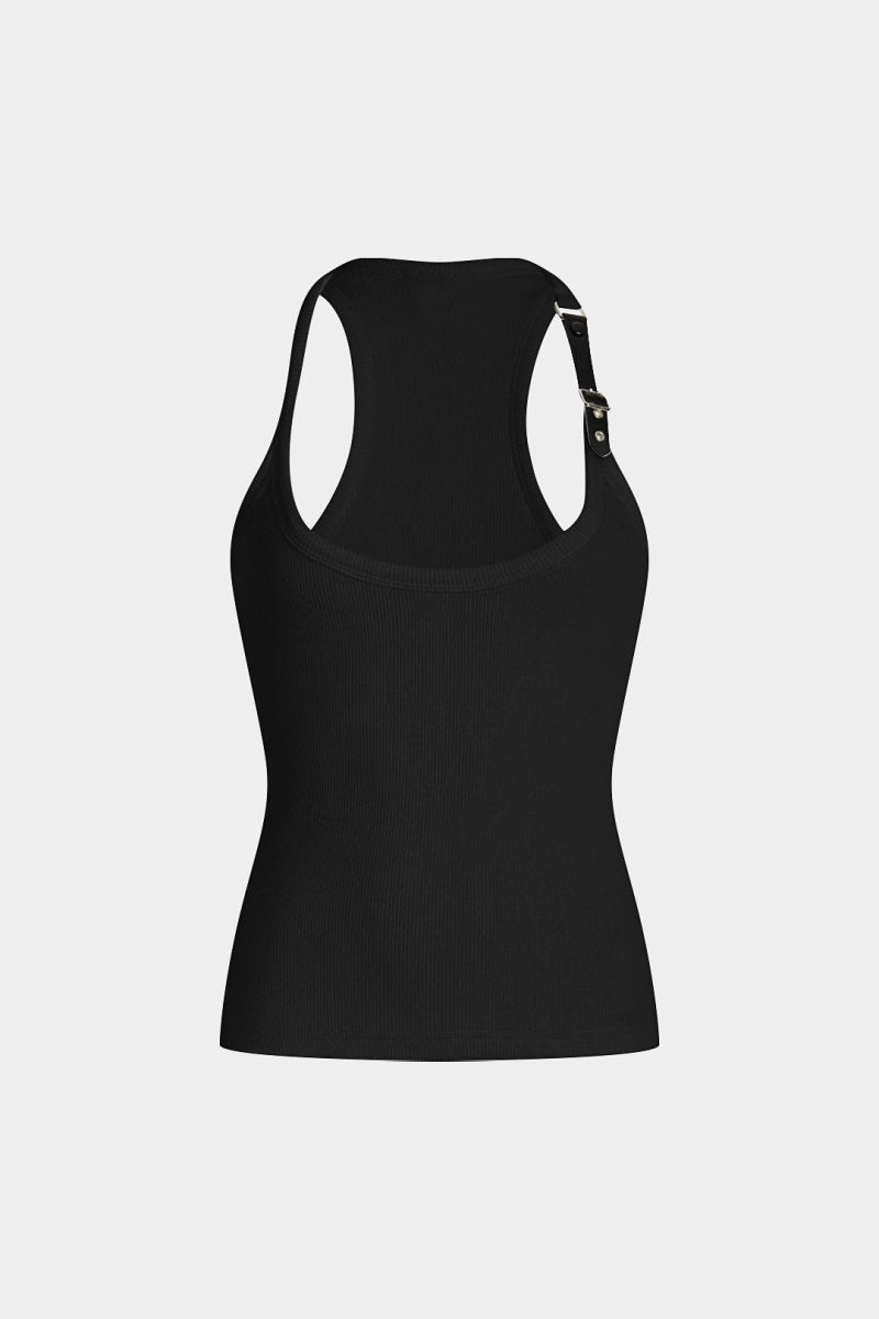 Metallic Decor Ribbed Tank Top - MISMIMCWTT2505080169-BLACK-XS