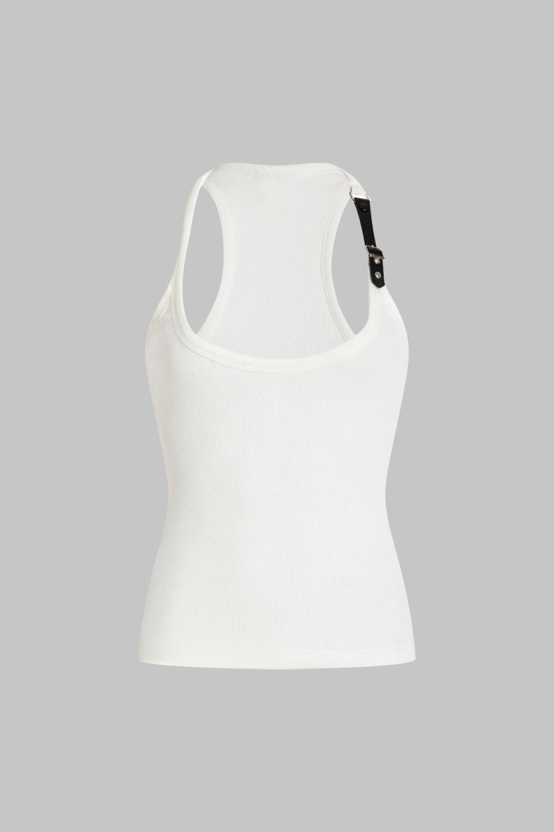 Metallic Decor Ribbed Tank Top - MISMIMCWTT2505080169-WHITE-XS