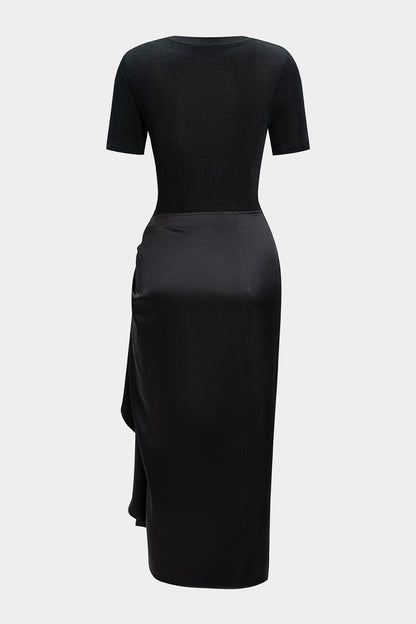 Metallic Decor Ruched Short Sleeve Midi Dress - MISMIMCWDB2508210114-BLACK-XS