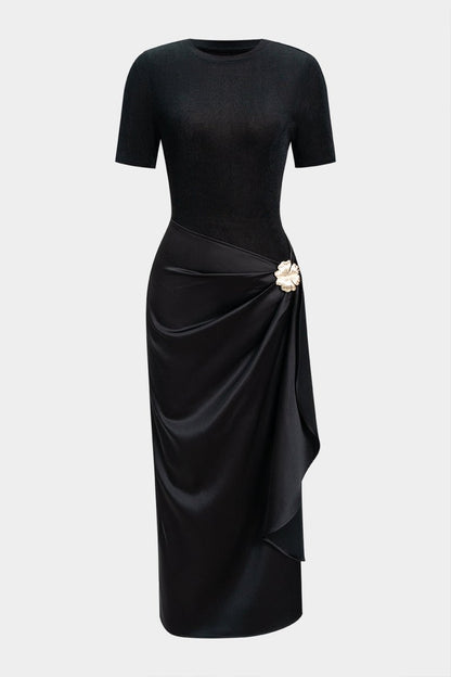 Metallic Decor Ruched Short Sleeve Midi Dress - MISMIMCWDB2508210114-BLACK-XS