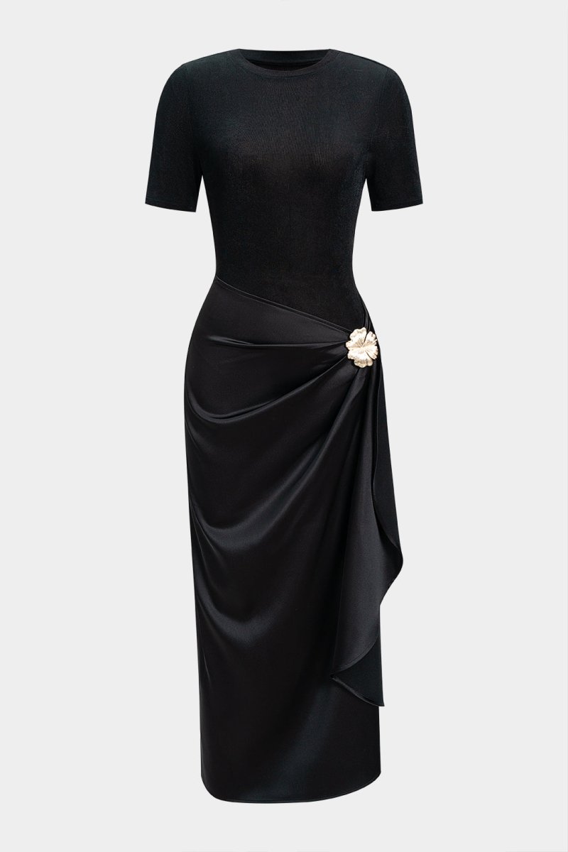 Metallic Decor Ruched Short Sleeve Midi Dress - MISMIMCWDB2508210114-BLACK-XS