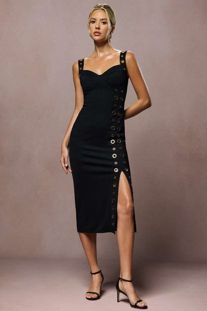 Metallic Eyelet Zipper Sleeveless Midi Dress - MISMIMCWDB2507230109-BLACK-S