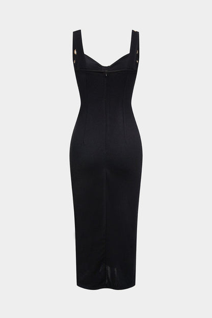 Metallic Eyelet Zipper Sleeveless Midi Dress - MISMIMCWDB2507230109-BLACK-S