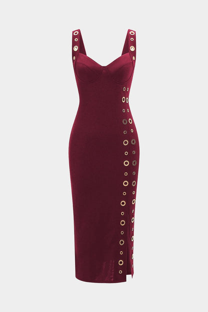 Metallic Eyelet Zipper Sleeveless Midi Dress - MISMIMCWDB2507230109-BURGUNDY-S