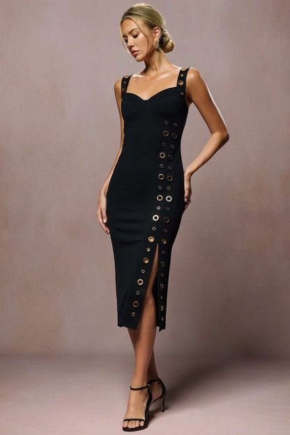 Metallic Eyelet Zipper Sleeveless Midi Dress - MISMIMCWDB2507230109-BLACK-S