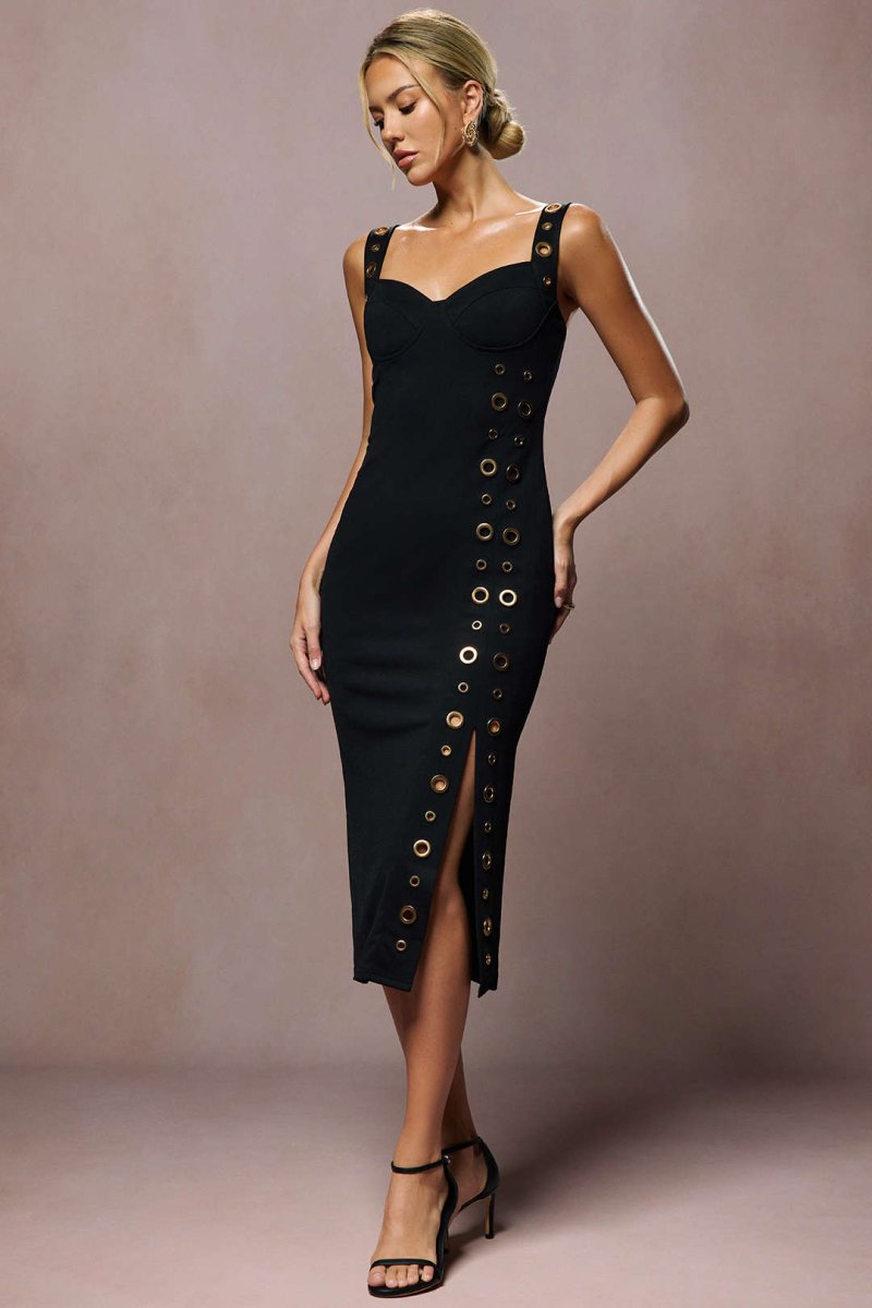 Metallic Eyelet Zipper Sleeveless Midi Dress - MISMIMCWDB2507230109-BLACK-S