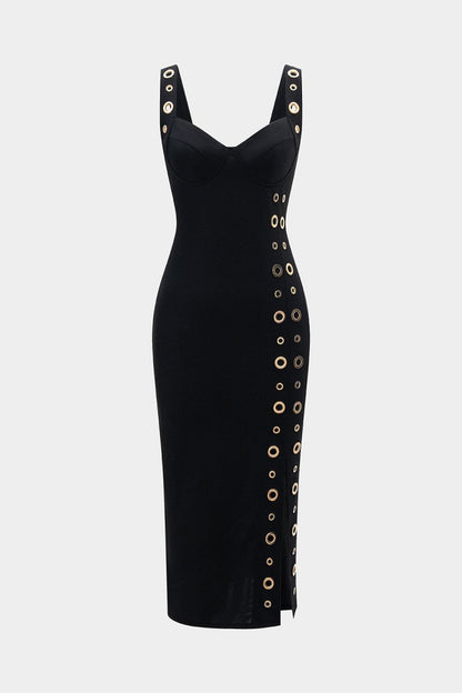 Metallic Eyelet Zipper Sleeveless Midi Dress - MISMIMCWDB2507230109-BLACK-S