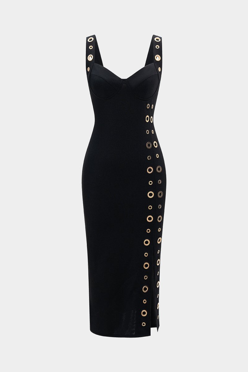 Metallic Eyelet Zipper Sleeveless Midi Dress - MISMIMCWDB2507230109-BLACK-S