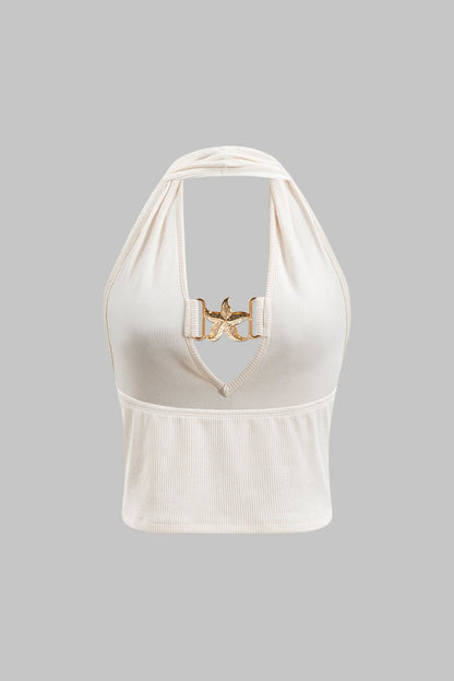 Metallic Ruched Backless Tank Top - MISMIMCWTU2501020075-BEIGE-XS