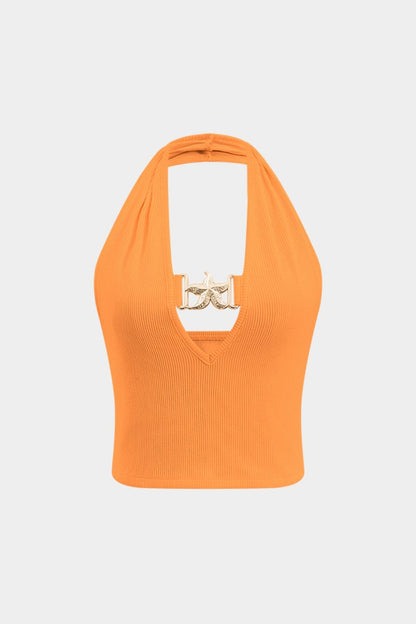 Metallic Ruched Backless Tank Top - MISMIMCWTU2501020075-ORANGE-XS