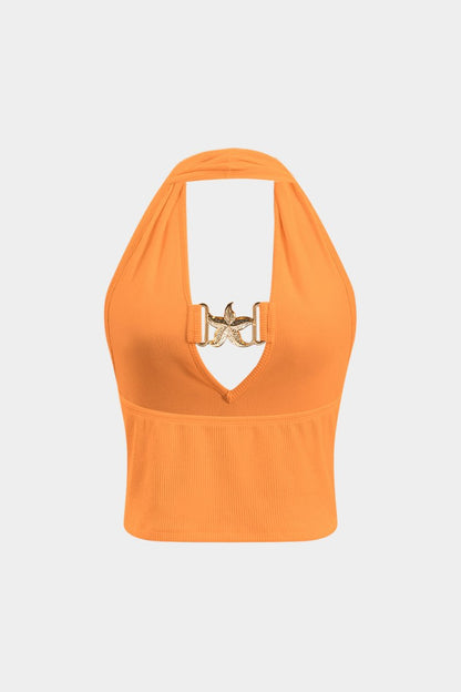 Metallic Ruched Backless Tank Top - MISMIMCWTU2501020075-ORANGE-XS
