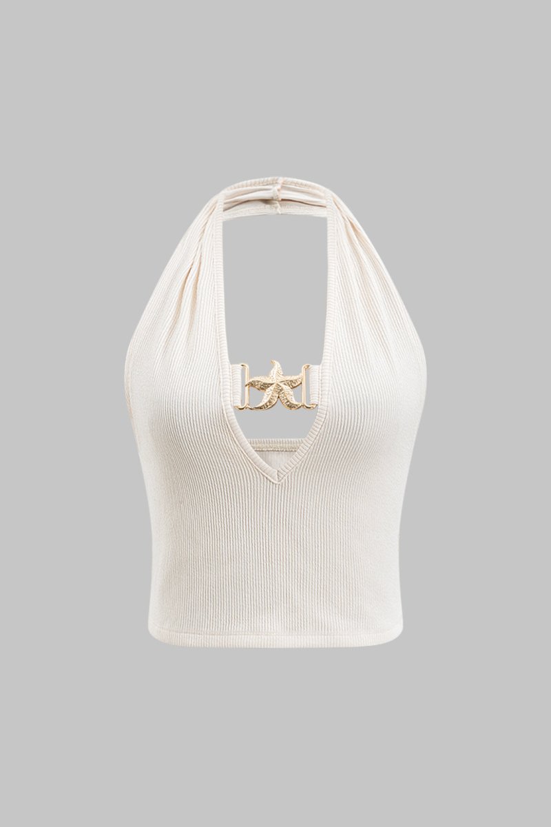 Metallic Ruched Backless Tank Top - MISMIMCWTU2501020075-BEIGE-XS