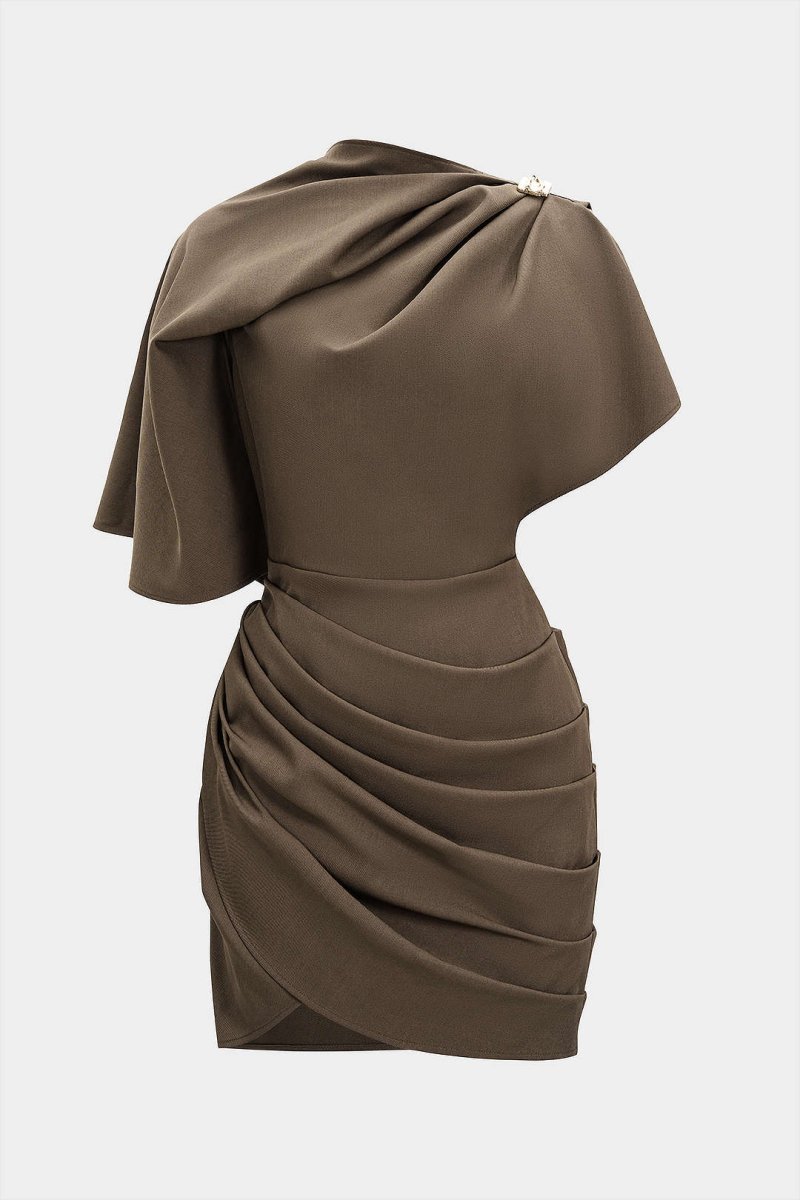 Metallic Ruched Zipper Asymmetrical Short Sleeve Mini Dress - MISMIMCWDC2509230035-BROWN-XS