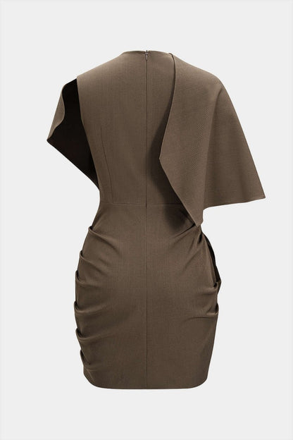 Metallic Ruched Zipper Asymmetrical Short Sleeve Mini Dress - MISMIMCWDC2509230035-BROWN-XS