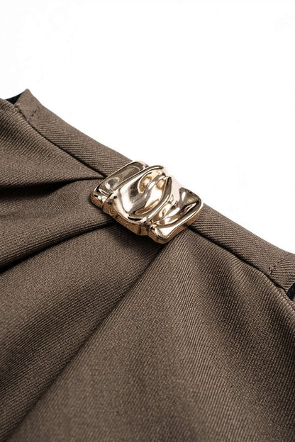 Metallic Ruched Zipper Asymmetrical Short Sleeve Mini Dress - MISMIMCWDC2509230035-BROWN-XS